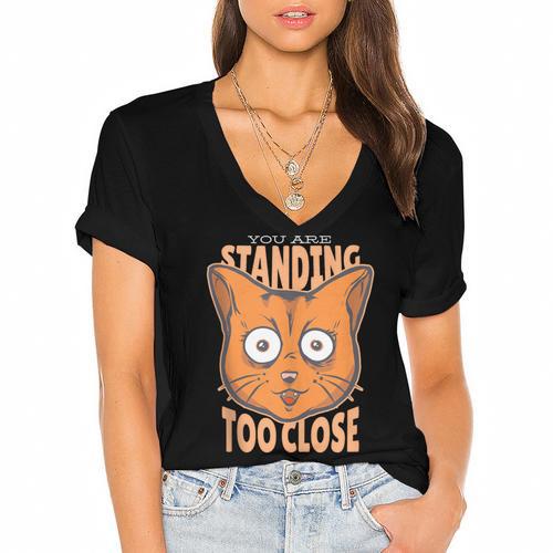 Cat Lover Antisocial Too Close Introvert People Hater Women's Jersey Short Sleeve Deep V-Neck Tshirt - Raresse