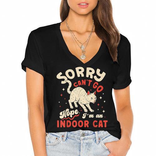 Cat Lover Sorry Cant Go Im An Indoor Introvert Cat Mom Women's Jersey Short Sleeve Deep V-Neck Tshirt				 - Raresse