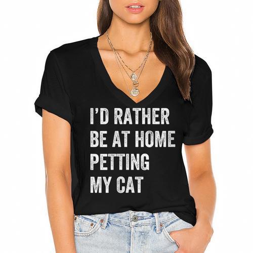 Cat Owner Introvert Stay Home Rather Pet Cat Women's Jersey Short Sleeve Deep V-Neck Tshirt				 - Raresse