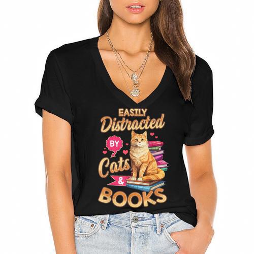 Cat Shirts For Women Book Lover Shirt Cats And Books Women's Jersey Short Sleeve Deep V-Neck Tshirt - Bookorys