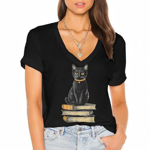 Cat Sitting On Books Women's Jersey Short Sleeve Deep V-Neck Tshirt				 - Bookorys
