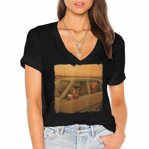 Cat Sloth Dog Retro Nostalgia Roadtrip Photo Women's Jersey Short Sleeve Deep V-Neck Tshirt - Figerry