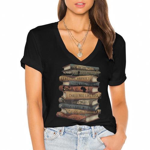 Celebrating History Month Floral Books Teacher Women's Jersey Short Sleeve Deep V-Neck Tshirt				 - Bookorys
