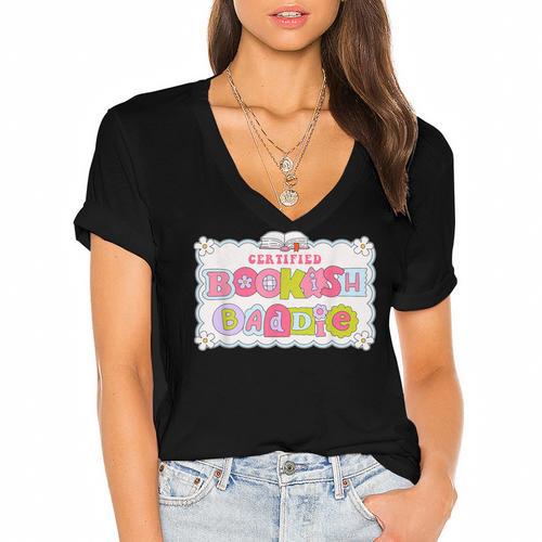 Certified Bookish Baddie Cute Book Lover Women's Jersey Short Sleeve Deep V-Neck Tshirt				 - Bookorys CA