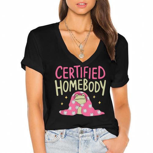 Certified Homebody Trendy Frog Introvert Women's Jersey Short Sleeve Deep V-Neck Tshirt				 - Raresse