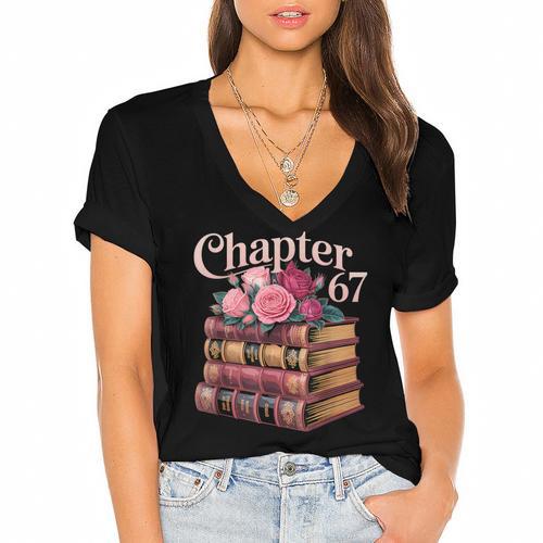 Chapter 67 Floral Book Stack Women's Jersey Short Sleeve Deep V-Neck Tshirt - Bookorys