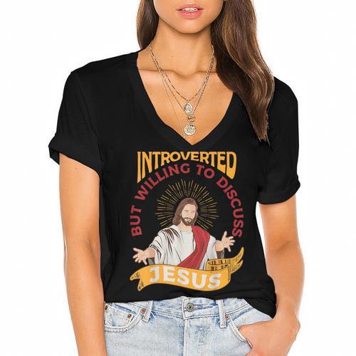 Christian Jesus Religious Sayings Catholic Introvert Women's Jersey Short Sleeve Deep V-Neck Tshirt				 - Raresse