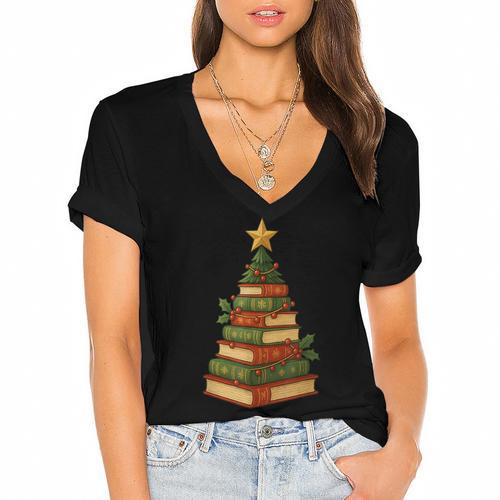 Christmas Book Tree Bookshelf Holiday For Readers Librarians Women's Jersey Short Sleeve Deep V-Neck Tshirt - Bookorys