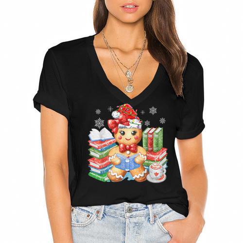 Christmas Gingerbread Man Reading Book Snowflake Teacher Women's Jersey Short Sleeve Deep V-Neck Tshirt				 - Bookorys DE