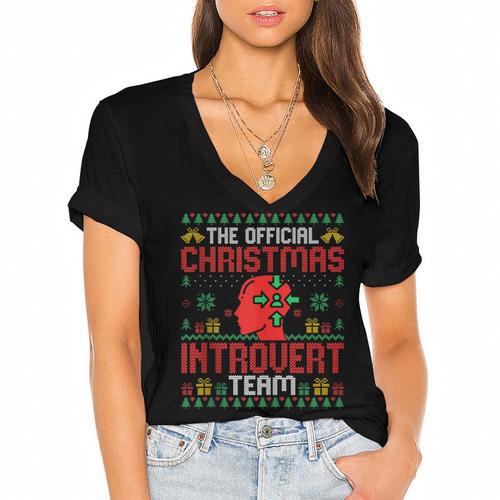 Christmas Introvert Team Introvert Introverted Xmas Women's Jersey Short Sleeve Deep V-Neck Tshirt - Raresse