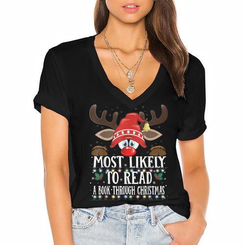 Christmas Matching Most Likely To Read A Book PJS Women's Jersey Short Sleeve Deep V-Neck Tshirt - Bookorys