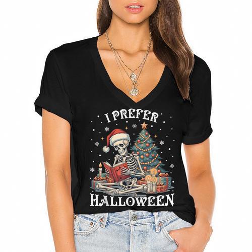 Christmas Outfit I Prefer Halloween Book Reading Skeleton Women's Jersey Short Sleeve Deep V-Neck Tshirt - Bookorys AU