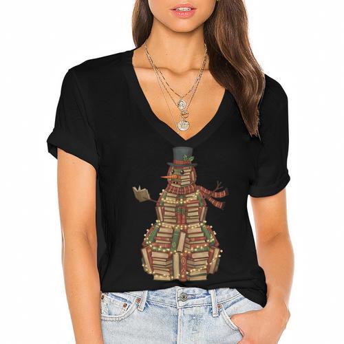 Christmas Snowman Made Of Books Holiday Reading Xmas Women's Jersey Short Sleeve Deep V-Neck Tshirt				 - Bookorys AU
