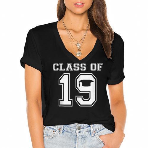 Class Of 2019 School Graduation Graphic Women's Jersey Short Sleeve Deep V-Neck Tshirt - Best Gift Smart
