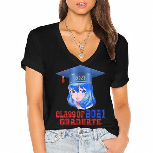 Class Of 2021 Graduate Kawaii Anime Girl School Graduation Women's Jersey Short Sleeve Deep V-Neck Tshirt				 - Best Gift Smart