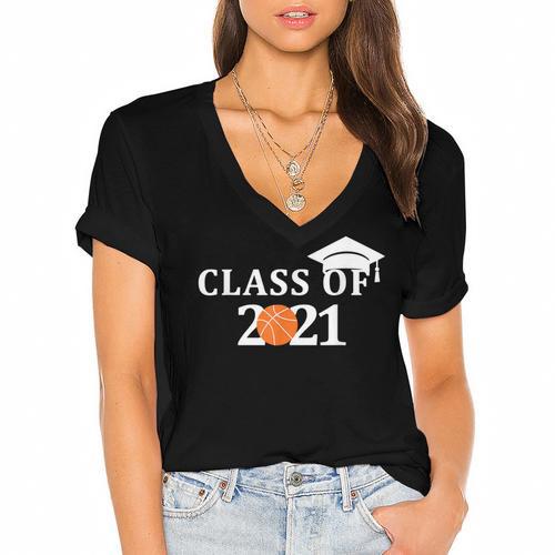 Class Of 2021 Graduation Him Her Basketball Pullover Women's Jersey Short Sleeve Deep V-Neck Tshirt				 - Best Gift Smart