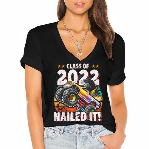 Class Of 2022 Monster Truck Graduation Cap Retro Sunset Boy Women's Jersey Short Sleeve Deep V-Neck Tshirt				 - Best Gift Smart