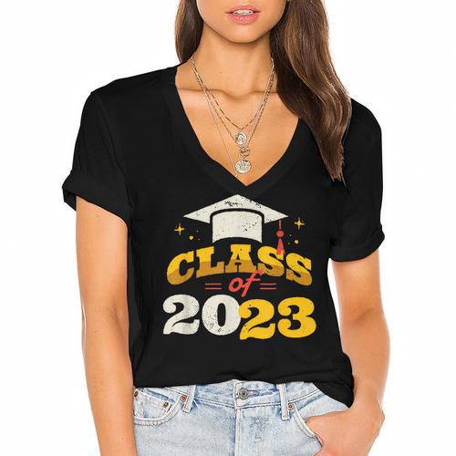 Class Of 2023 School Graduation Vintage Retro Class Of 2023 Women's Jersey Short Sleeve Deep V-Neck Tshirt				 - Best Gift Smart