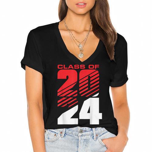 Class Of 2024 High School Senior Graduation Red Sports Style Women's Jersey Short Sleeve Deep V-Neck Tshirt				 - Best Gift Smart