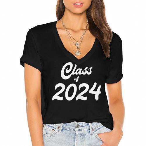 Class Of 2024 Shirt Graduation Her Women Senior Class Women's Jersey Short Sleeve Deep V-Neck Tshirt				 - Best Gift Smart