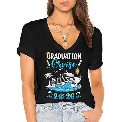 Class Of 2026 Graduation Cruise Senior Graduates Vacation Women's Jersey Short Sleeve Deep V-Neck Tshirt				 - Best Gift Smart