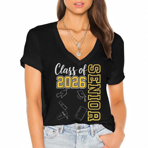 Class Of 2026 Senior 26 High School Graduation -Gold Women's Jersey Short Sleeve Deep V-Neck Tshirt				 - Best Gift Smart