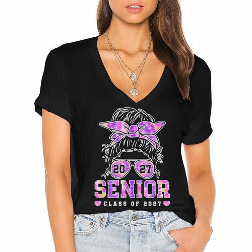 Class Of 2027 Senior Coquette Bow Messy Hair 26 Graduation Women's Jersey Short Sleeve Deep V-Neck Tshirt				 - Best Gift Smart