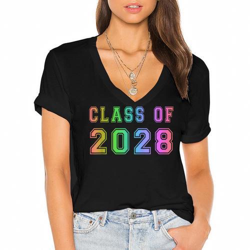 Class Of 2028 High School Graduation Date Graduate T Shirt Women's Jersey Short Sleeve Deep V-Neck Tshirt				 - Best Gift Smart