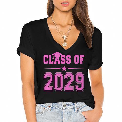 Class Of 2029 Pink Girls Shirt Graduation Women's Jersey Short Sleeve Deep V-Neck Tshirt - Best Gift Smart