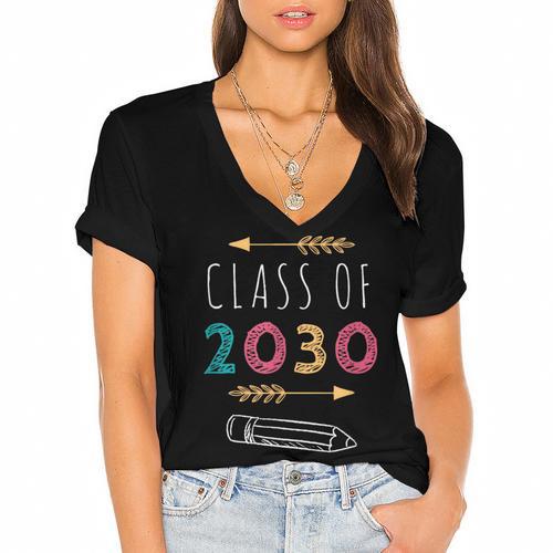 Class Of 2030 Grow With Me 2nd Grade Graduation Women's Jersey Short Sleeve Deep V-Neck Tshirt - Best Gift Smart