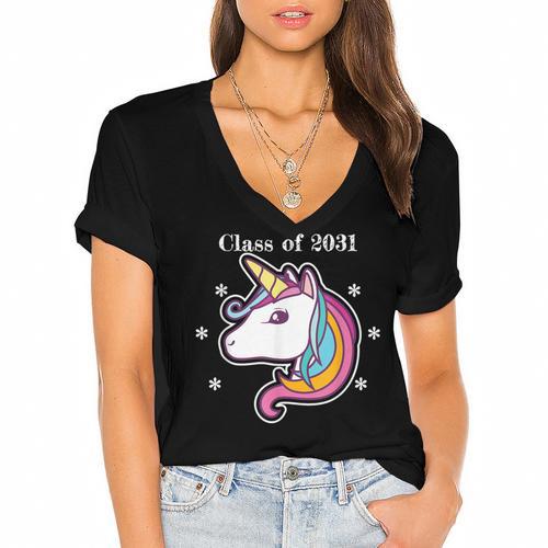 Class Of 2031 Graduation Year Unicorn T Shirt Women's Jersey Short Sleeve Deep V-Neck Tshirt - Best Gift Smart
