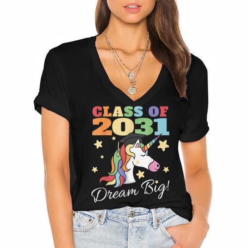 Class Of 2031 Magical Unicorn Graduation Cap Women's Jersey Short Sleeve Deep V-Neck Tshirt				 - Best Gift Smart