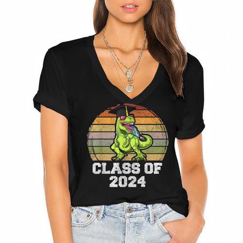 Class Of Dinosaur Apparel 2024 Graduation Graduate Dino Boy Women's Jersey Short Sleeve Deep V-Neck Tshirt				 - Best Gift Smart