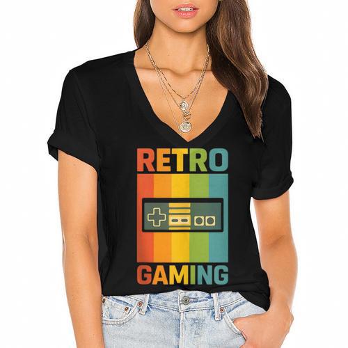 Classic Retro Gaming Nostalgia Women's Jersey Short Sleeve Deep V-Neck Tshirt - Figerry