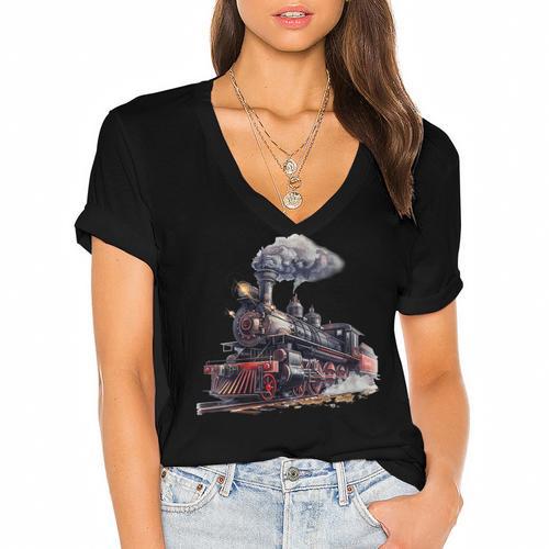 Classic Steam Train Enthusiasts Nostalgia For Train Lovers Women's Jersey Short Sleeve Deep V-Neck Tshirt				 - Figerry
