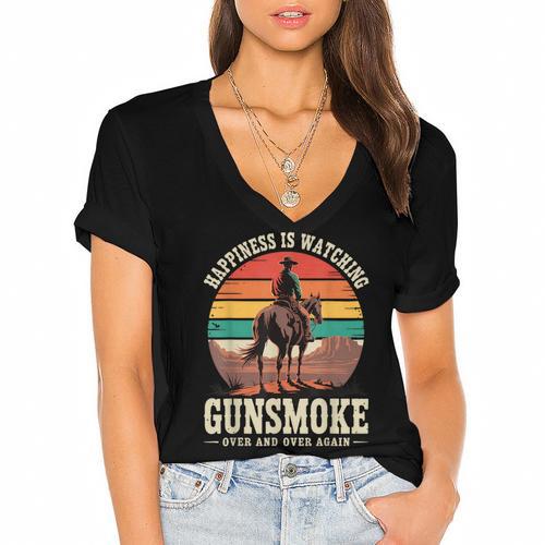 Classic Western Nostalgia Cowboy Sunset Women's Jersey Short Sleeve Deep V-Neck Tshirt				 - Figerry