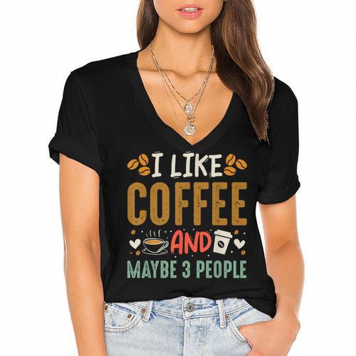 Coffee & Introvert Humor Tee Quote Cute Font Women's Jersey Short Sleeve Deep V-Neck Tshirt - Raresse