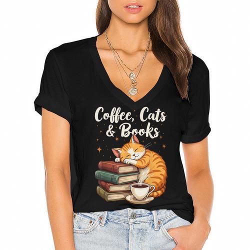 Coffee Cats & Books Lover For Women & Girls Coffee Women's Jersey Short Sleeve Deep V-Neck Tshirt				 - Bookorys UK