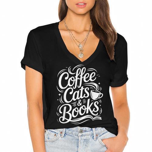 Coffee Cats & Books Reading Book Lover Reader Women's Jersey Short Sleeve Deep V-Neck Tshirt				 - Bookorys CA