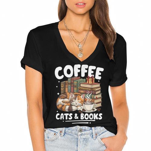 Coffee Cats And Books Cats And Reading Lovers Women's Jersey Short Sleeve Deep V-Neck Tshirt - Bookorys