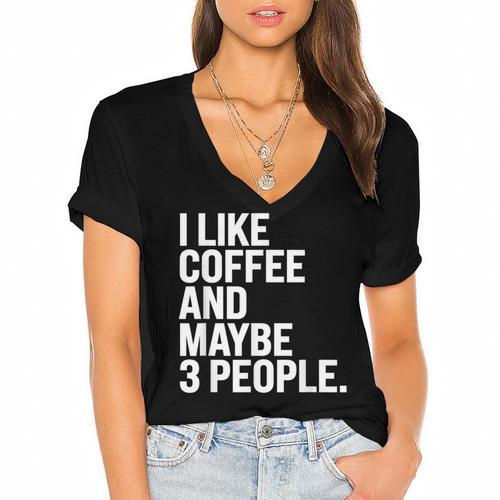 I Like Coffee Introvert Coffee Lovers Sarcastic Humor Women's Jersey Short Sleeve Deep V-Neck Tshirt - Raresse