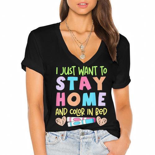 Color In Bed Coloring Book Lover Humor Therapy Marker Women's Jersey Short Sleeve Deep V-Neck Tshirt				 - Bookorys CA