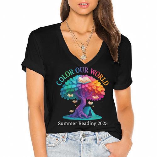Color Our World Summer Reading 2025 Tree Book Lover Camping Women's Jersey Short Sleeve Deep V-Neck Tshirt				 - Bookorys CA