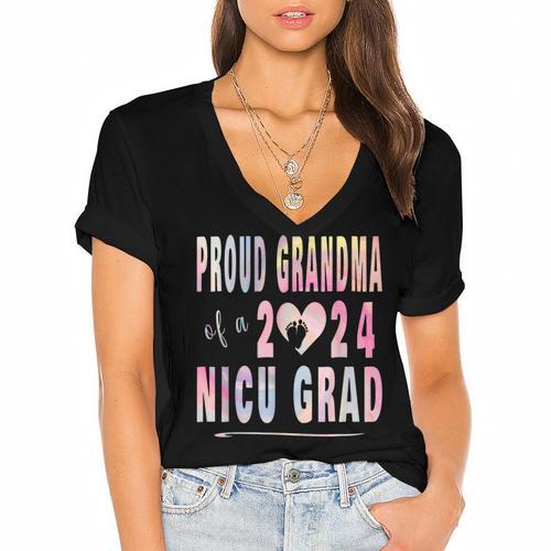 Colorful Proud Grandma 2024 NICU Graduate Baby Graduation Women's Jersey Short Sleeve Deep V-Neck Tshirt				 - Best Gift Smart