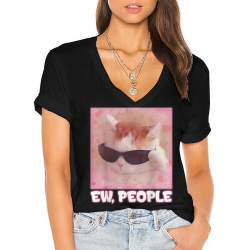 Cool Cat Meme Ew People Anti Social Introvert Cute Cat Women's Jersey Short Sleeve Deep V-Neck Tshirt - Raresse