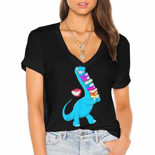 Cool Dinosaur Books Art For Men Women Libarian Book Lover Women's Jersey Short Sleeve Deep V-Neck Tshirt - Bookorys AU