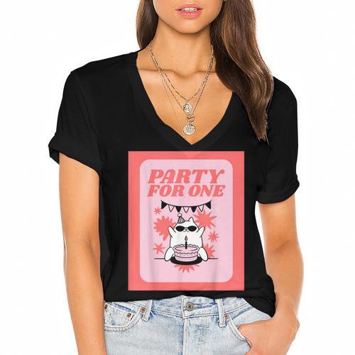 Cool Fun Cute Party Introvert Cat Character Women's Jersey Short Sleeve Deep V-Neck Tshirt - Raresse