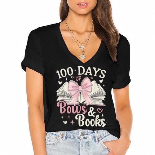 Coquette 100 Days Of Bows Books Reading 100th Day Of School Women's Jersey Short Sleeve Deep V-Neck Tshirt				 - Bookorys CA