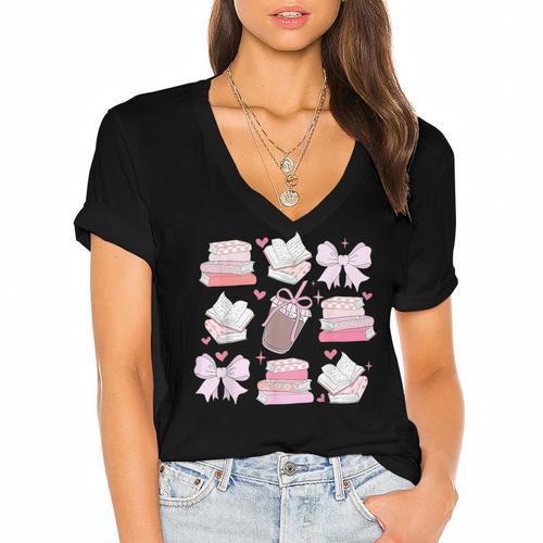 Coquette Bow Book Coffee Valentines Bookish Library Teacher Women's Jersey Short Sleeve Deep V-Neck Tshirt				 - Bookorys AU