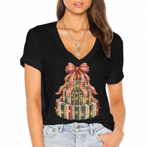 Coquette Christmas Book Tree Xmas Lights Librarian Teacher Women's Jersey Short Sleeve Deep V-Neck Tshirt				 - Bookorys UK